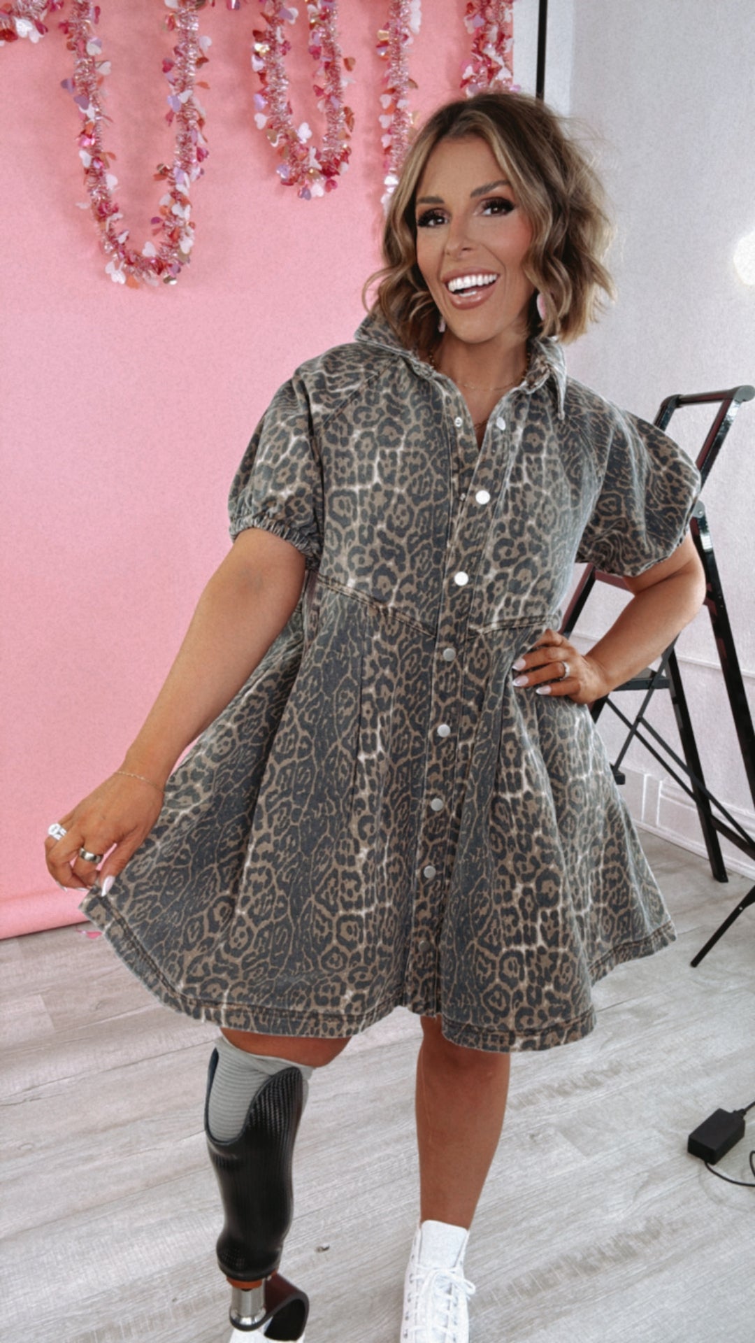 All Sass Leopard Print Button Denim Dress