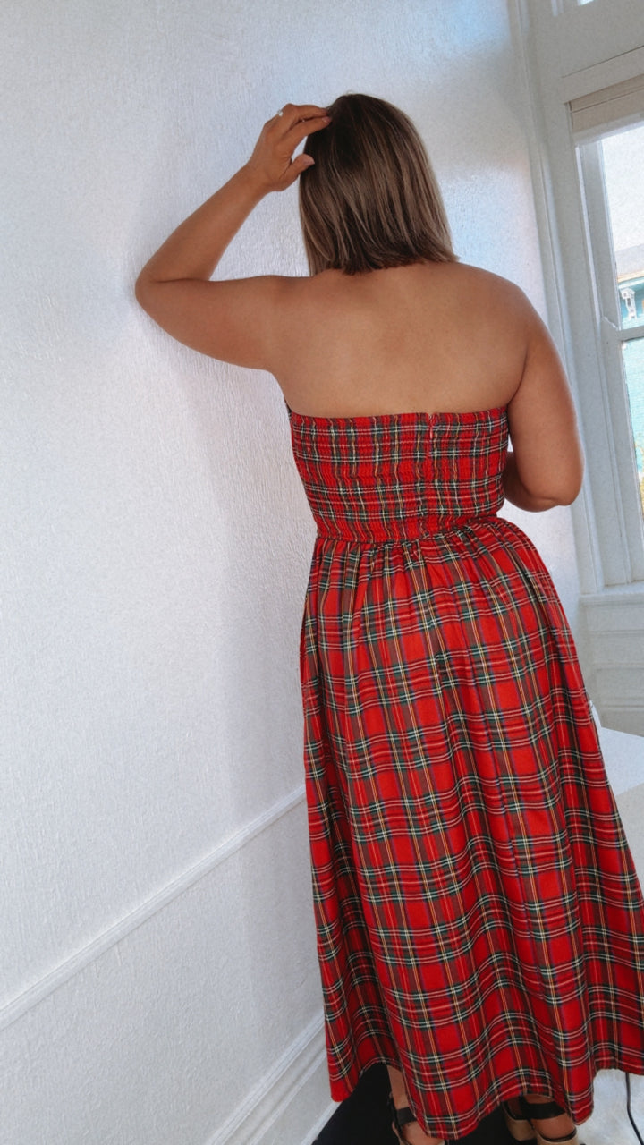 Cheers To You Plaid Strapless Midi Dress, Red