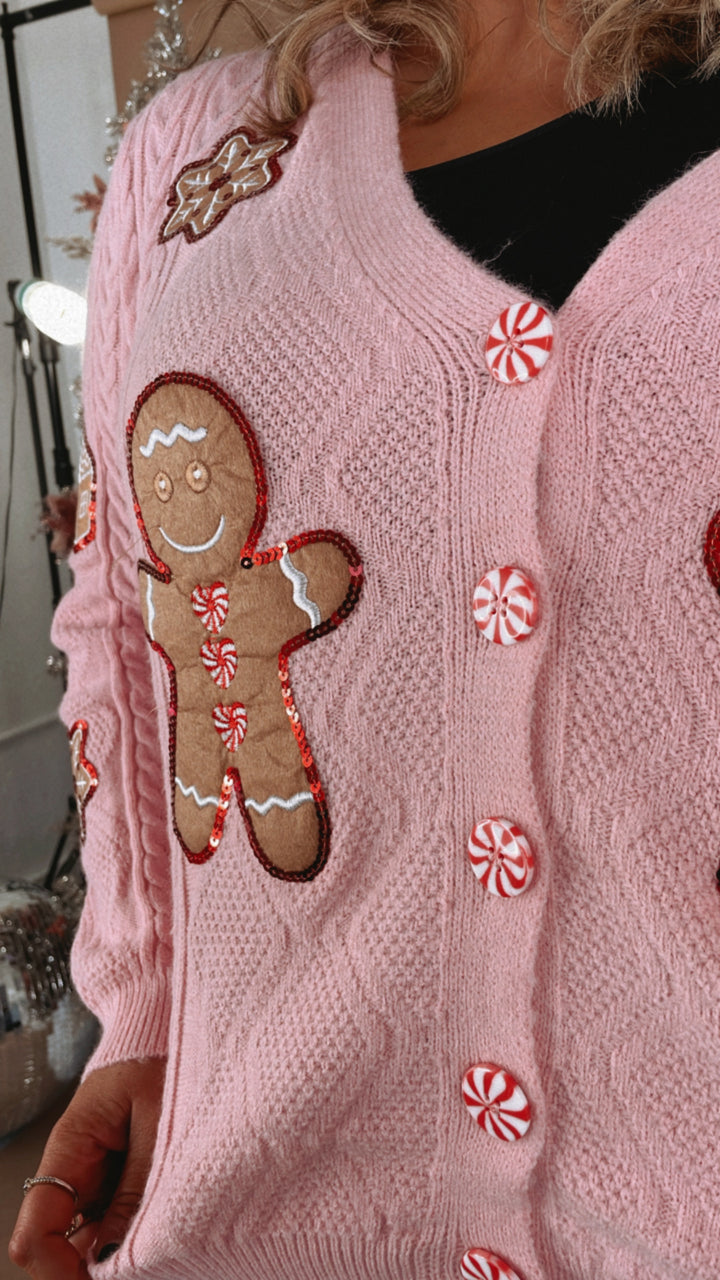 Holiday Gingerbread Man Cardi, Pink