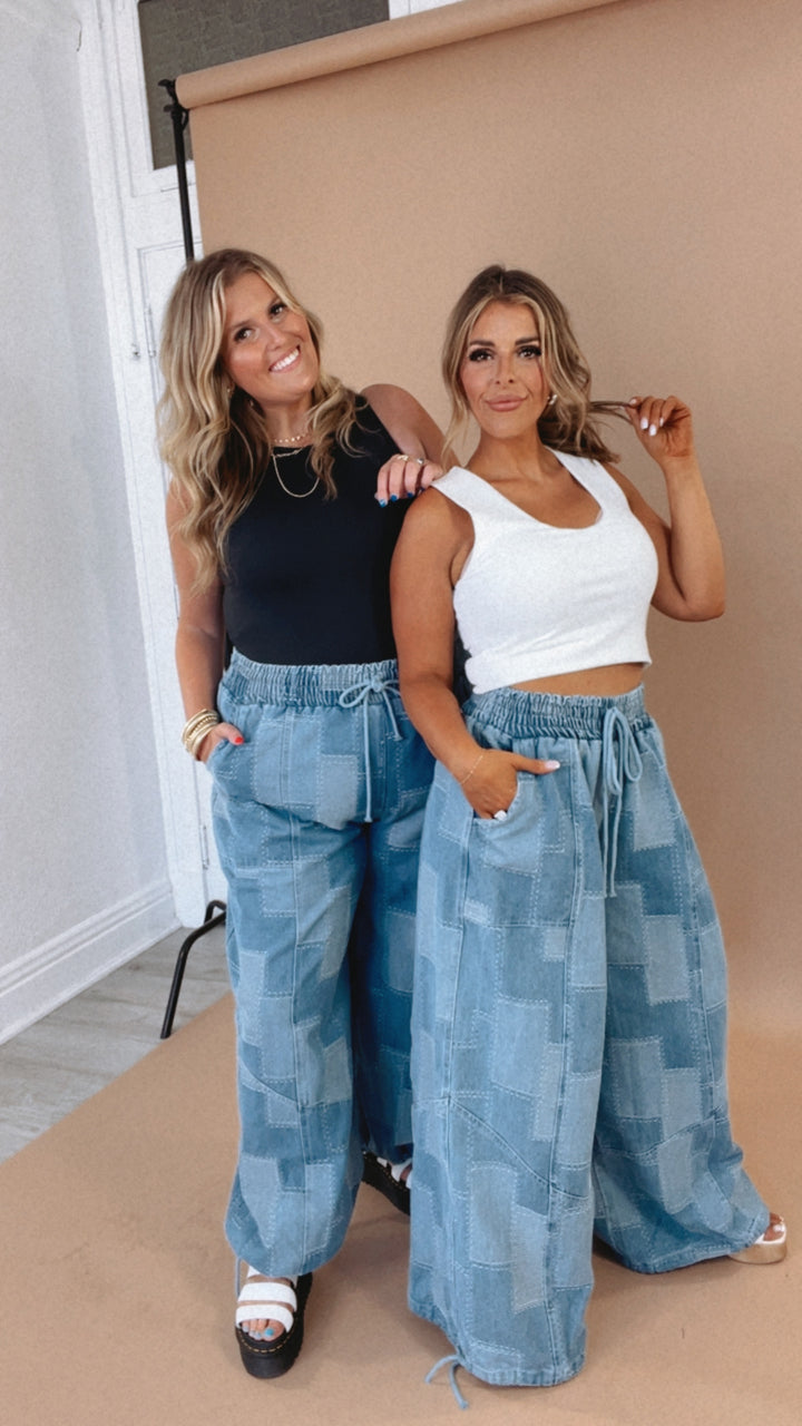 Demi Denim Checkered Patchwork Jogger Pant