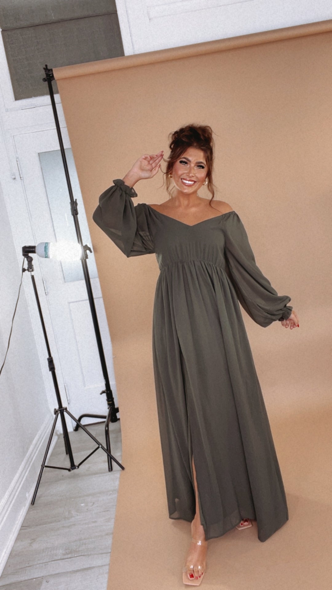 ECB Exclusive: Timeless Romantic Chiffon Maxi Dress, Olive