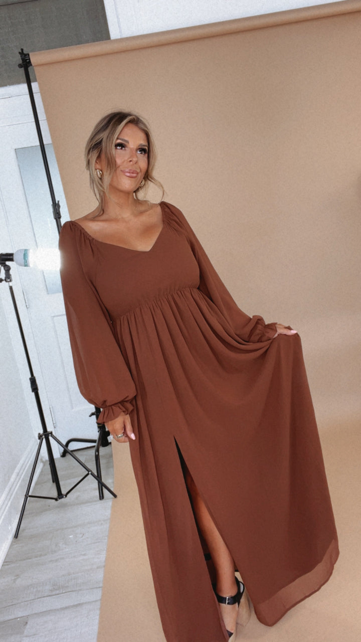 PREORDER 10.7.24 ECB Exclusive: Timeless Romantic Chiffon Maxi Dress, Brown