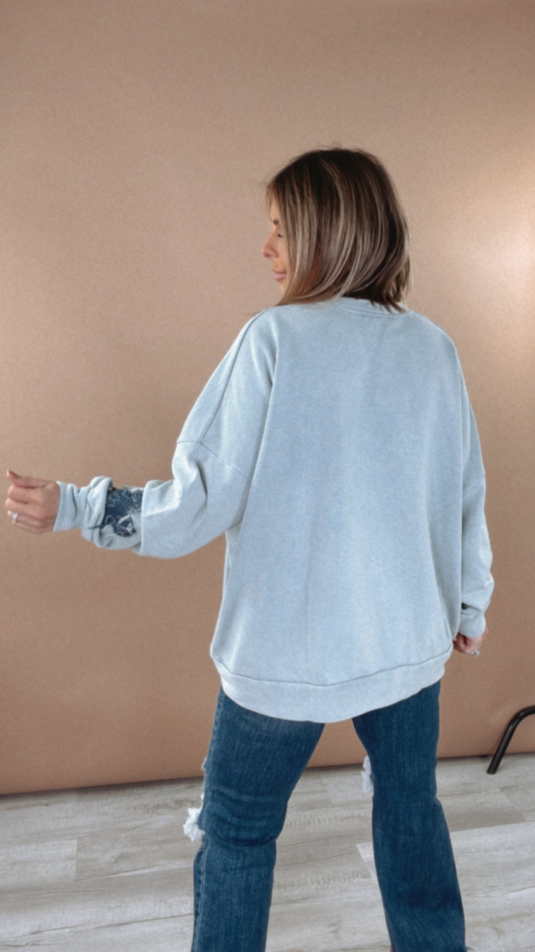 She's A Star Patchwork Crewneck Sweatshirt, Light Blue