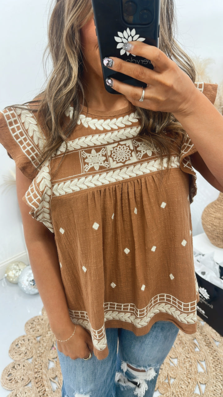 Wing Sleeve Embroidery Detail Top, Brown