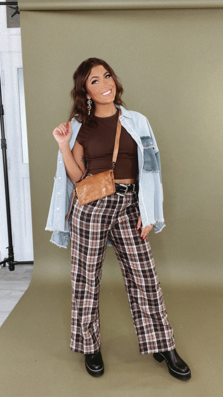 Plaid Straight Leg Pants, Brown