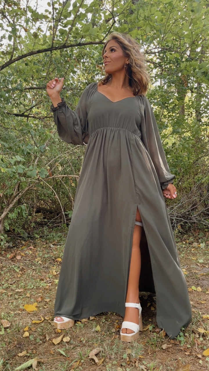 ECB Exclusive: Timeless Romantic Chiffon Maxi Dress, Olive