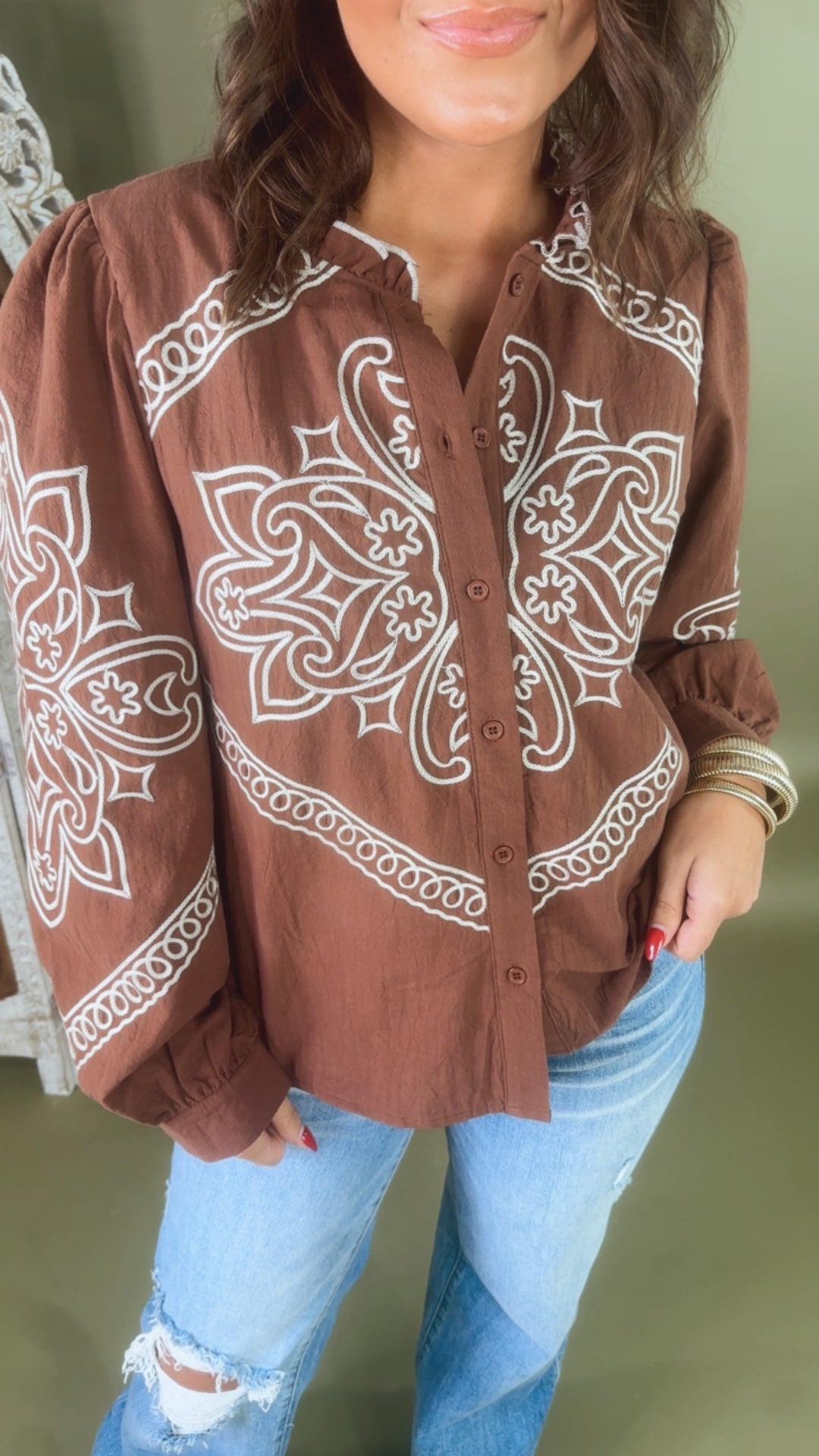 Sundance Ruffle Embroidered Button Up Top, Mocha