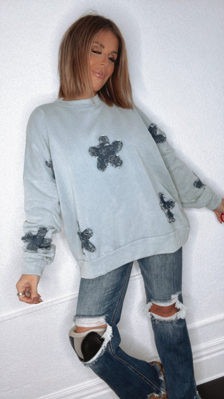 She's A Star Patchwork Crewneck Sweatshirt, Light Blue