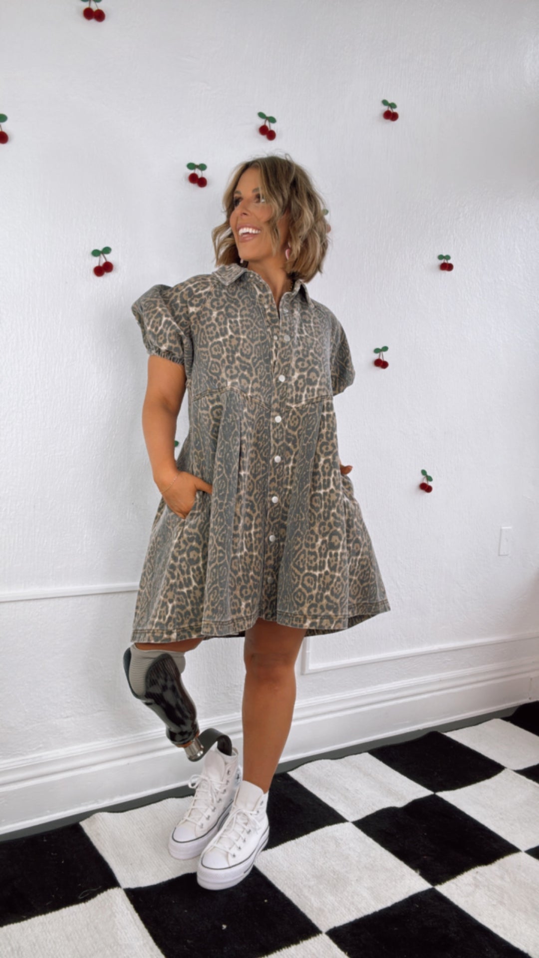 All Sass Leopard Print Button Denim Dress