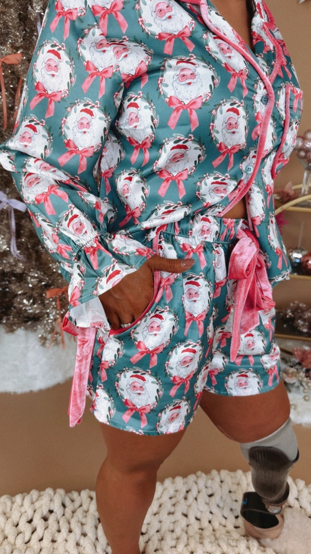 Season Greetings Silk Santa Bow Pajama Set, Teal