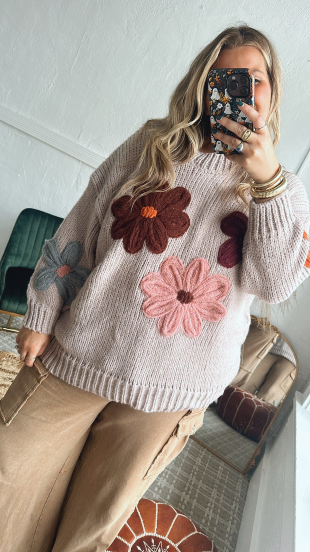 Floral Envy Knit Sweater, Tan