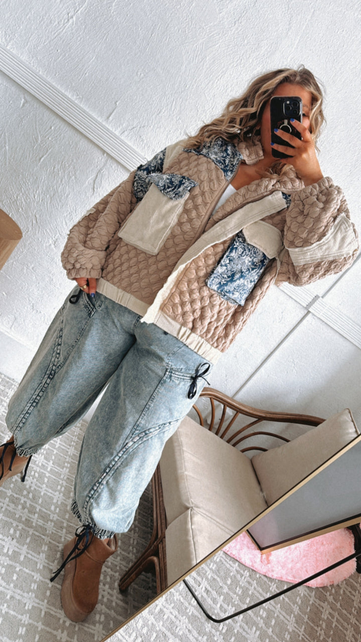 Now Trending Oversized Contrast Quilted Jacket, Tan/Denim Blue