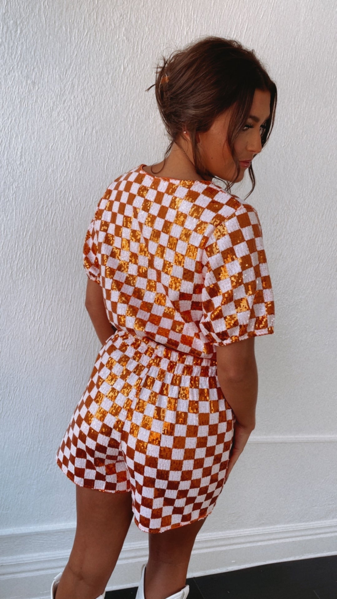 Orange & White Gameday Checkered Sequin Set