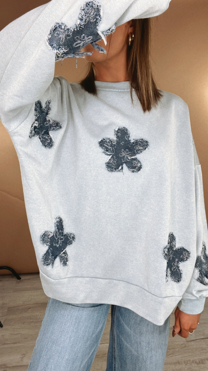 She's A Star Patchwork Crewneck Sweatshirt, Light Blue