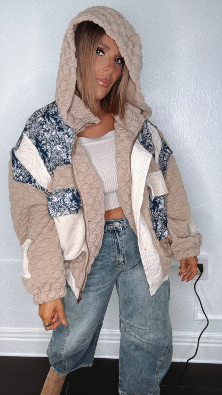 Now Trending Oversized Contrast Quilted Jacket, Tan/Denim Blue