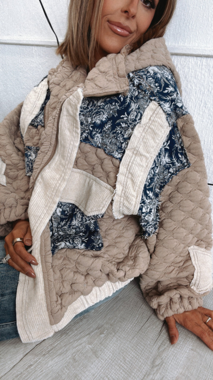 Now Trending Oversized Contrast Quilted Jacket, Tan/Denim Blue