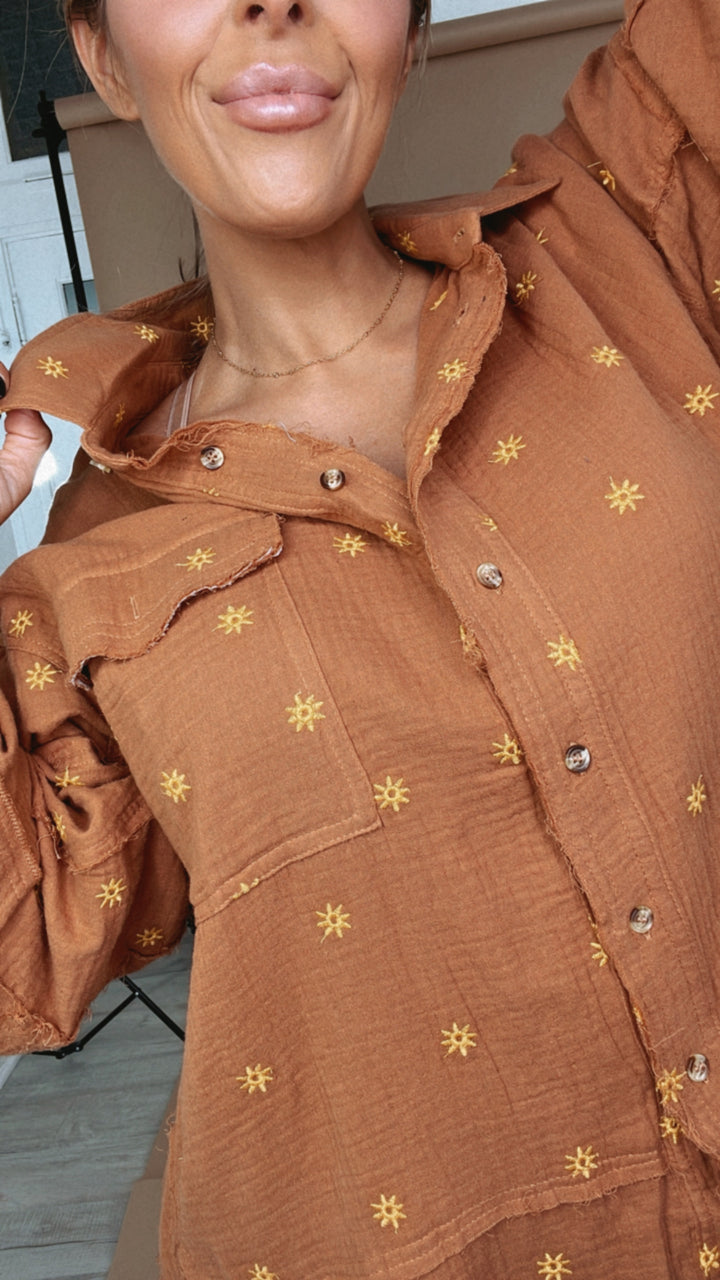 Sunny Days Embroidered Button Up, Camel