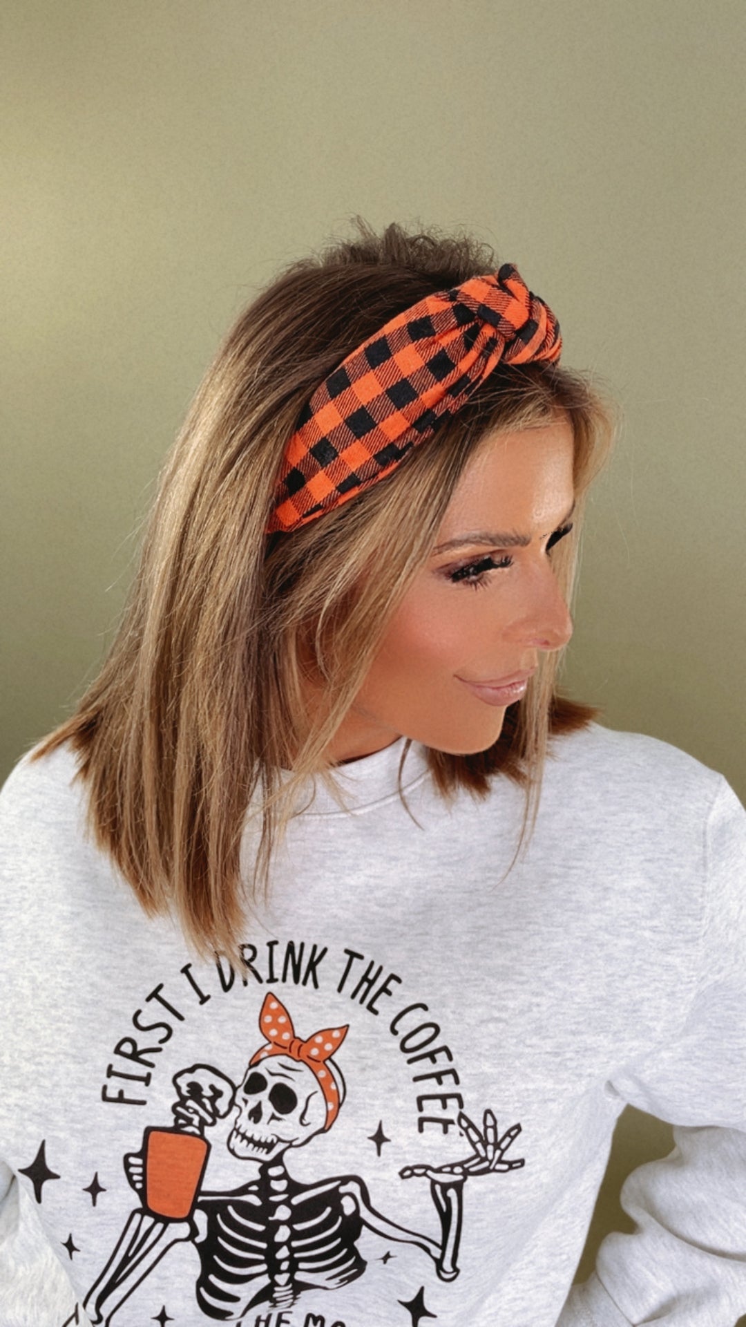 Gingham Headband, Orange/ Black