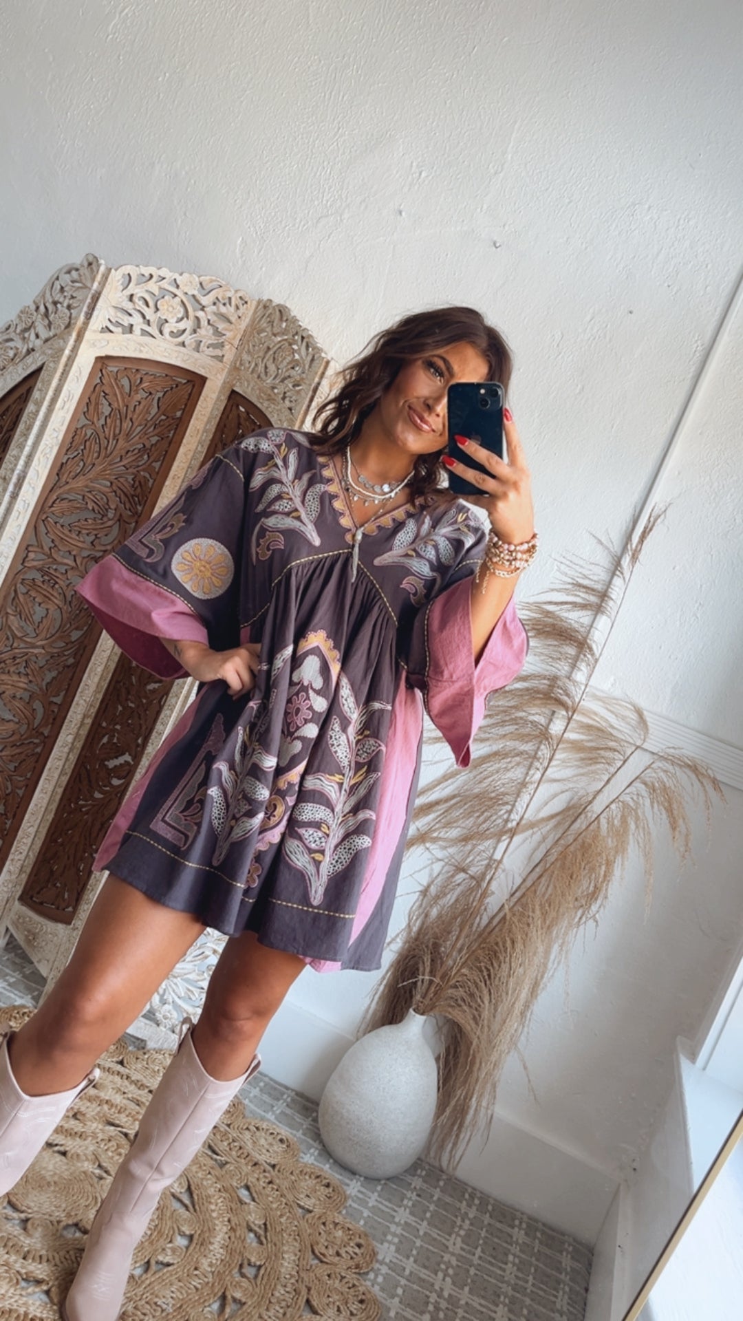 Vintage Love Boho Embroidered Mini Dress, Charcoal