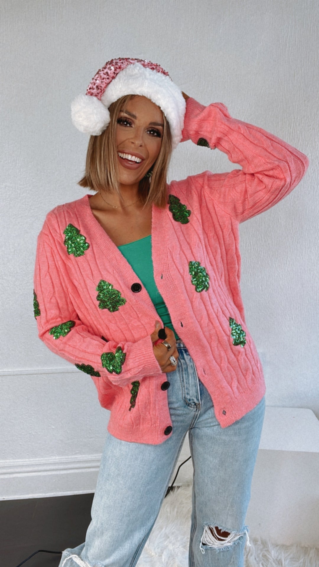 A Pink Christmas Button Up Tree Cardi