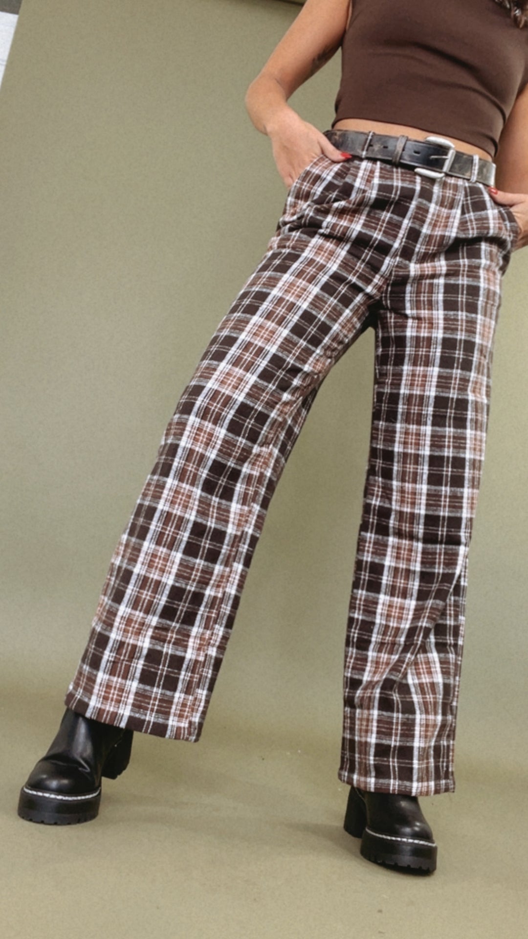 Plaid Straight Leg Pants, Brown