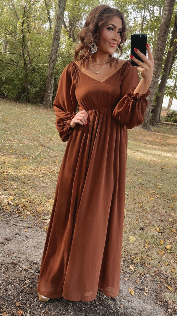 PREORDER 10.7.24 ECB Exclusive: Timeless Romantic Chiffon Maxi Dress, Brown