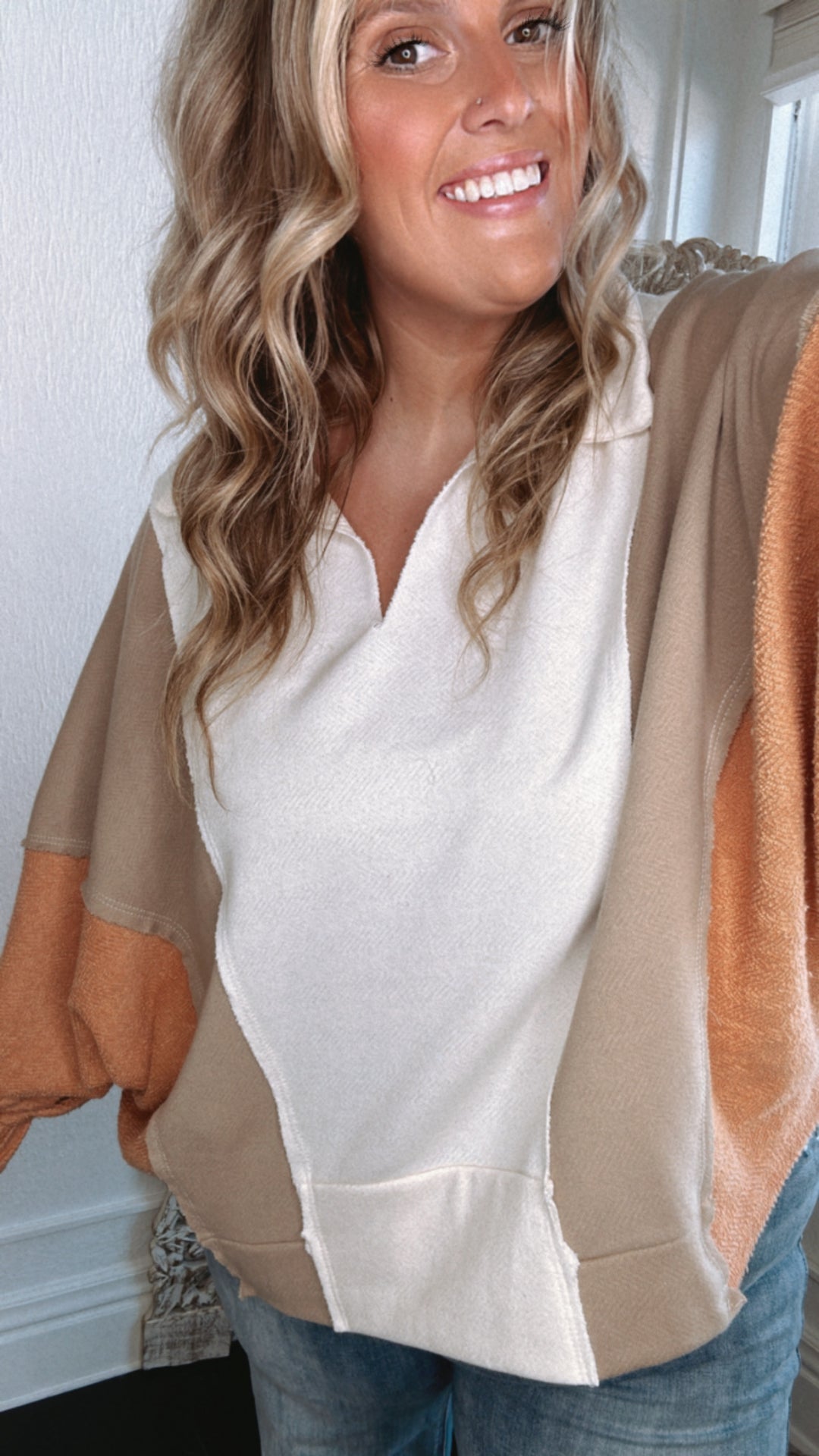 Oversized Contrasted Top, Cream/Taupe