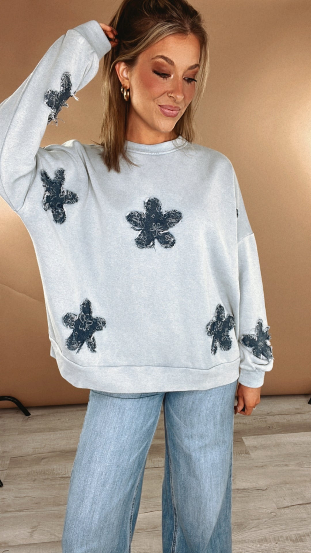 She's A Star Patchwork Crewneck Sweatshirt, Light Blue