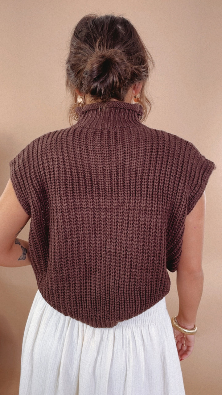 Mia Mock Neck Sleeveless Sweater Vest, Brown