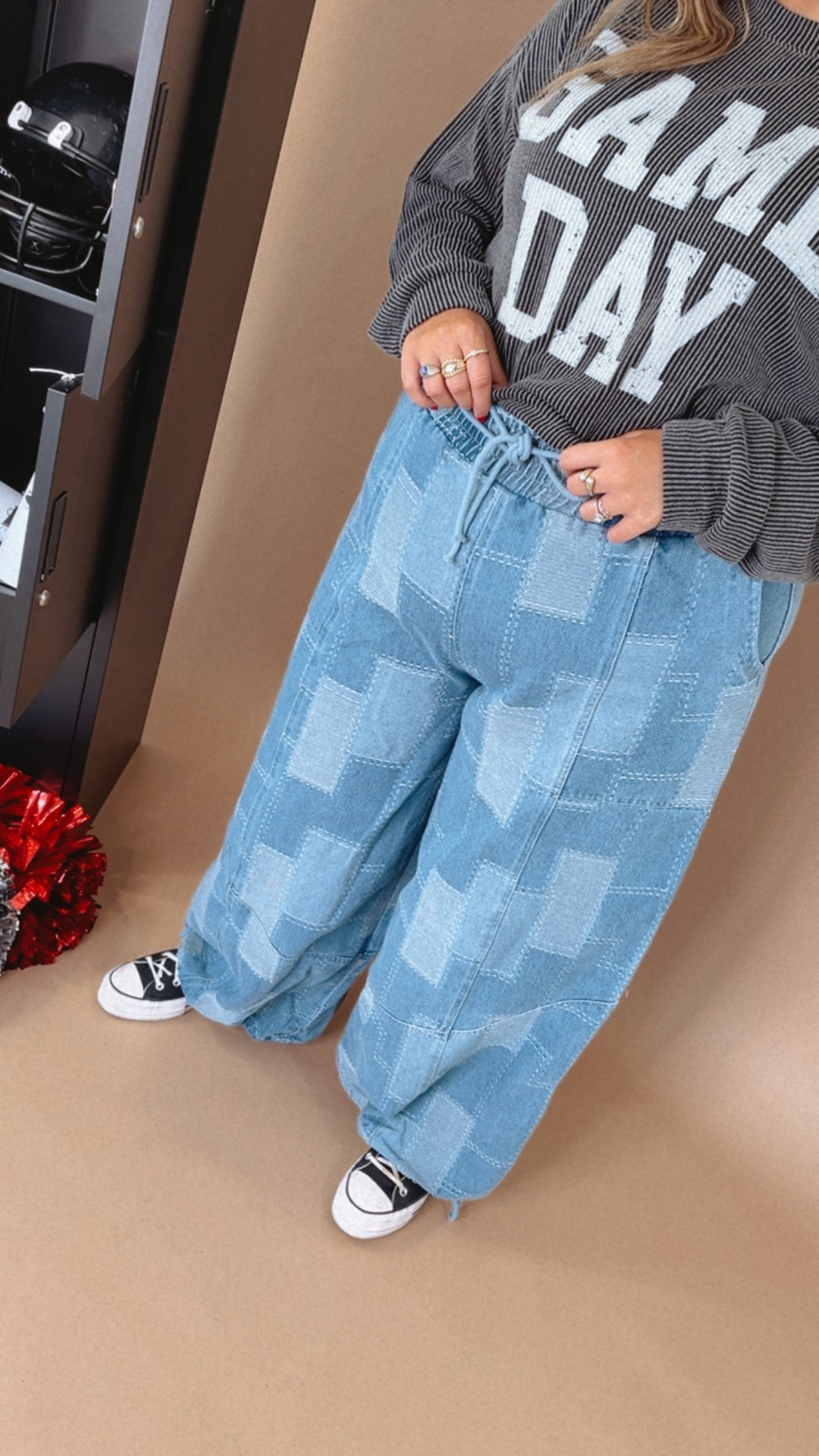 Demi Denim Checkered Patchwork Jogger Pant