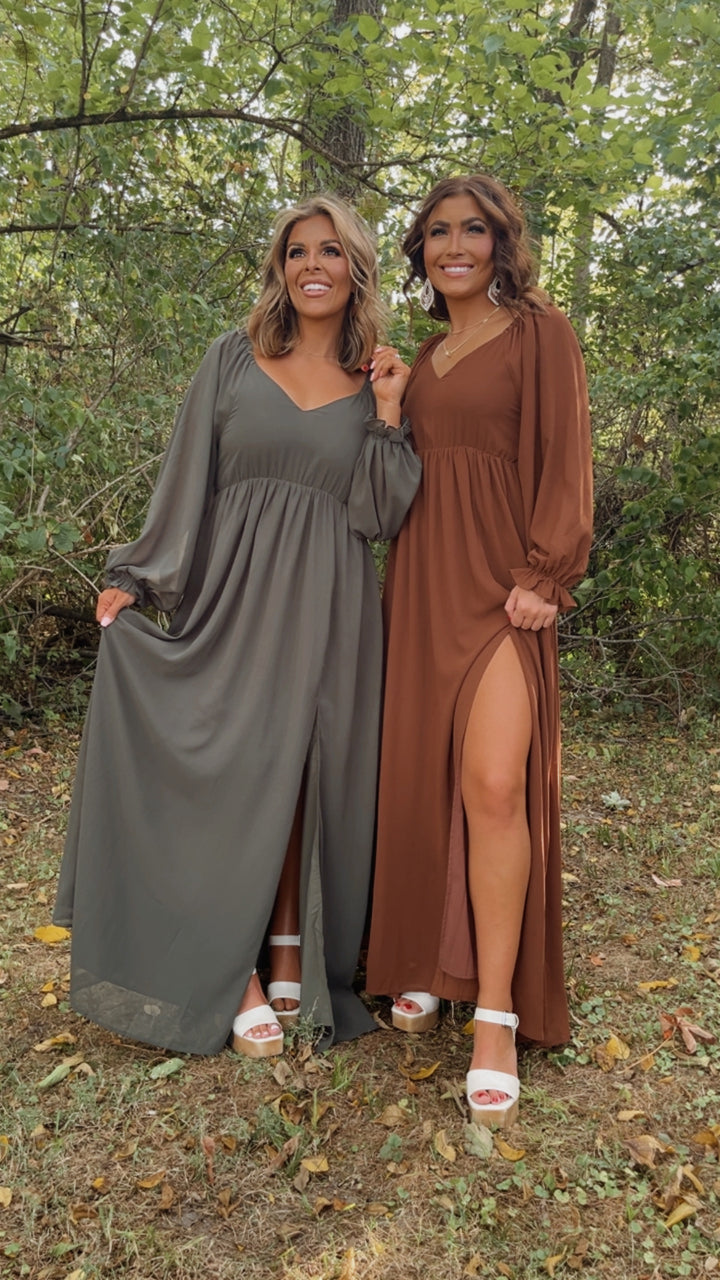 PREORDER 10.7.24 ECB Exclusive: Timeless Romantic Chiffon Maxi Dress, Brown