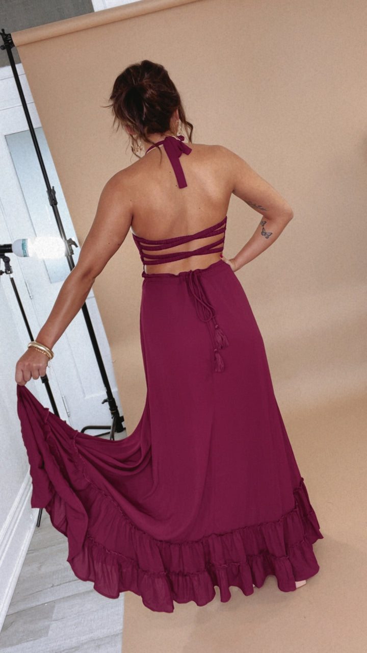 Between the Lines Maxi Dress, Burgundy