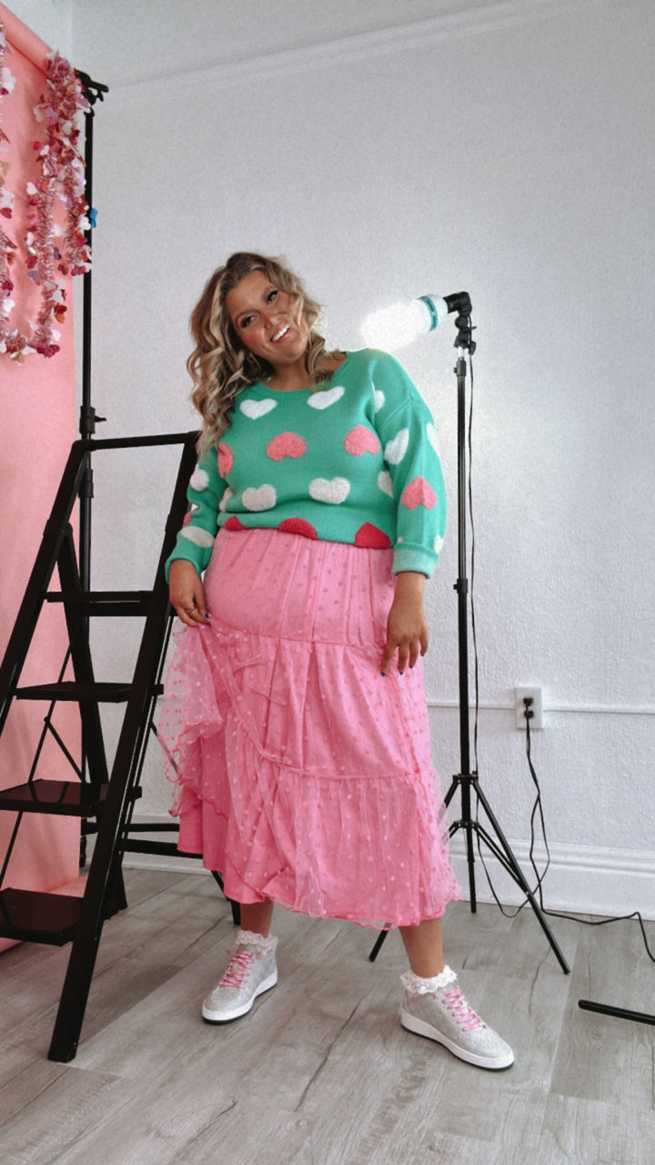 Mesh Dot Tiered Maxi Skirt, Fuchsia