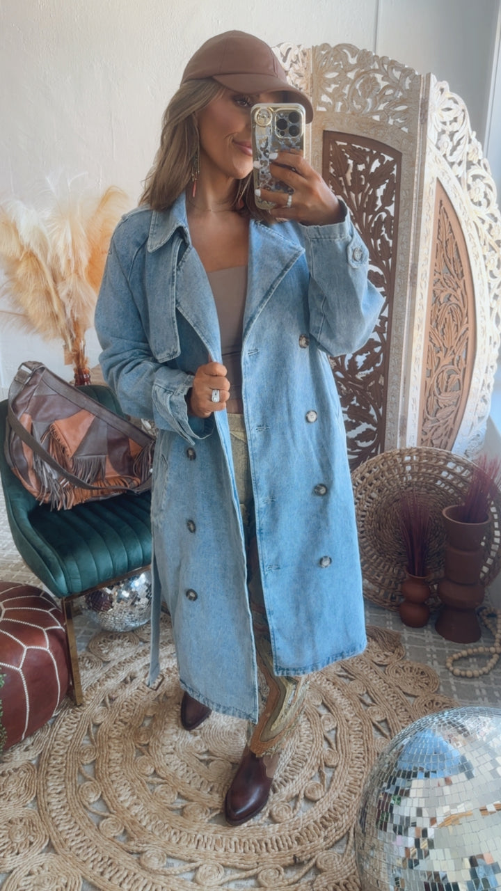 Dahlia Denim Belted Trench Coat