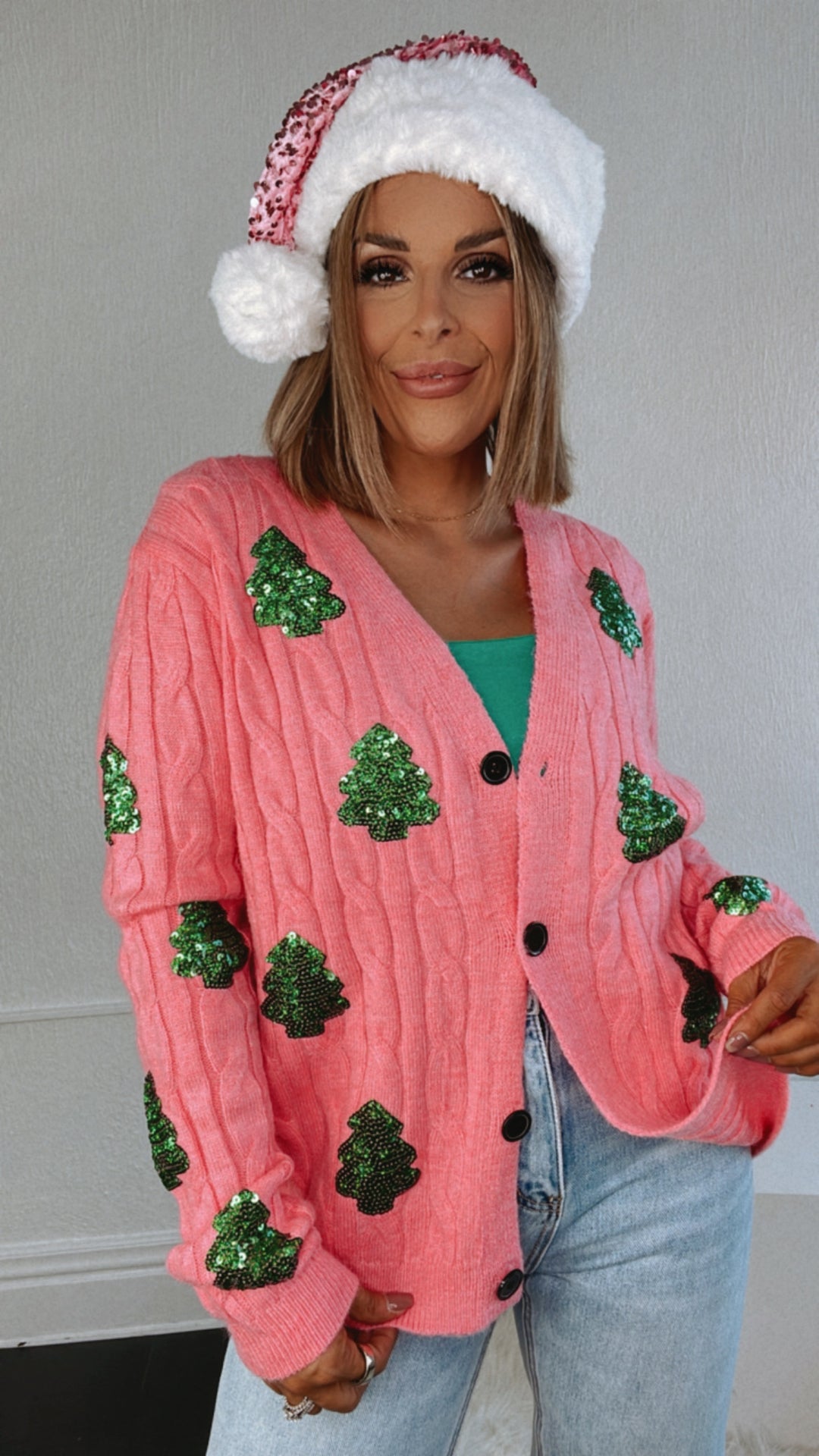 A Pink Christmas Button Up Tree Cardi