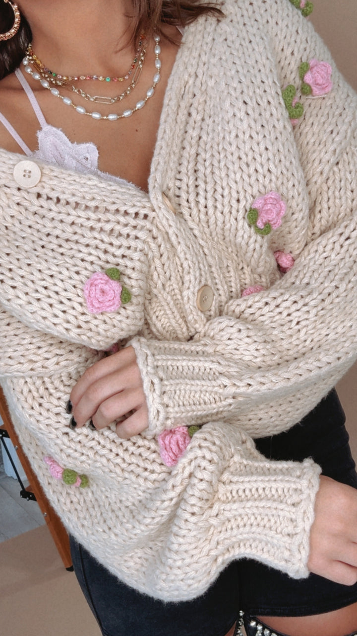 Garden Girl Rose Knit Cardi, Oatmeal