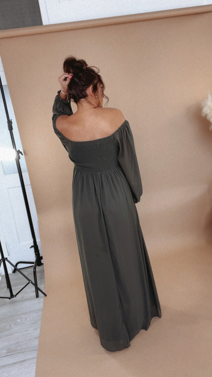 ECB Exclusive: Timeless Romantic Chiffon Maxi Dress, Olive