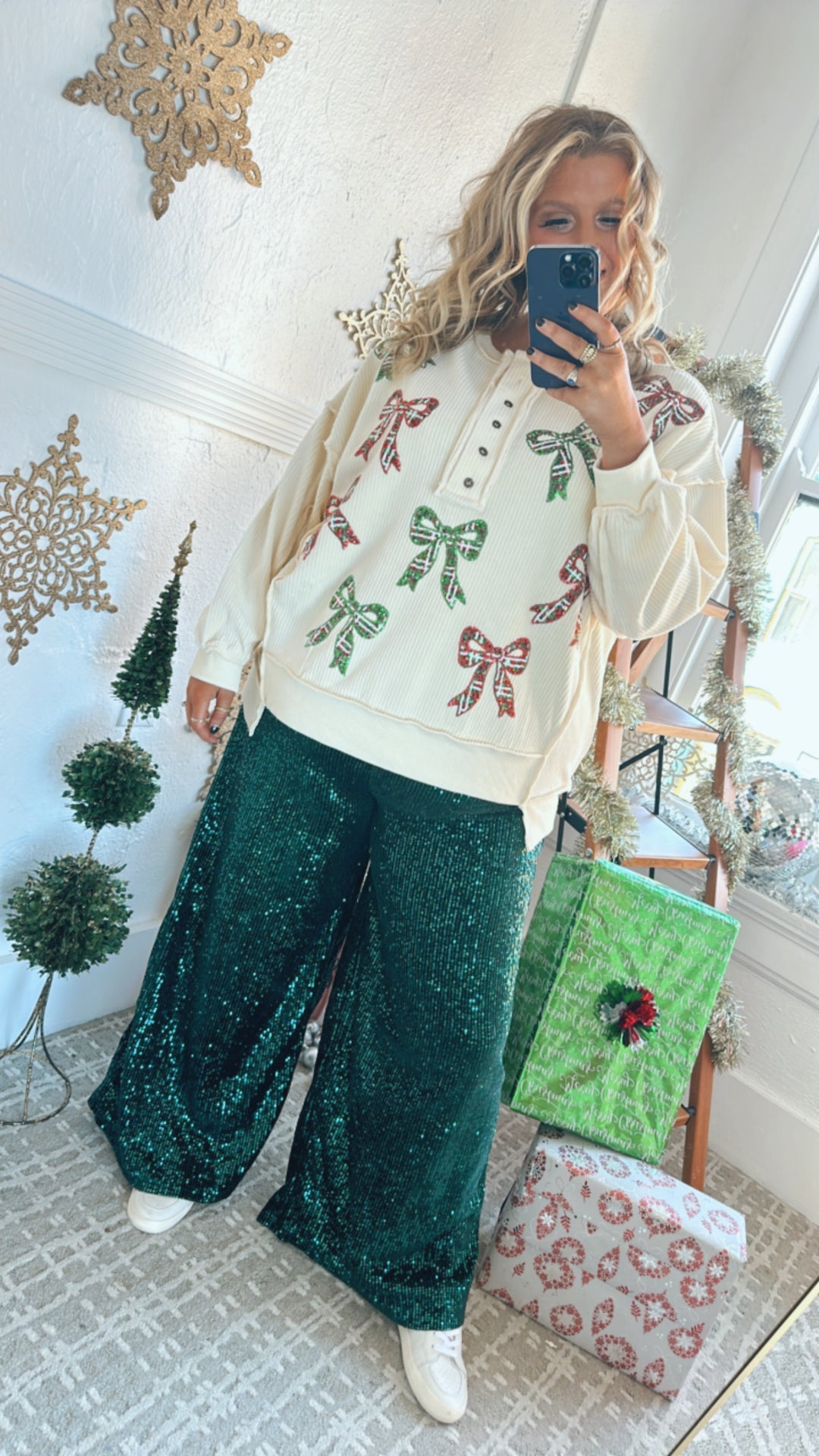 Full Of Cheer Sequin Bow Long Sleeve Top