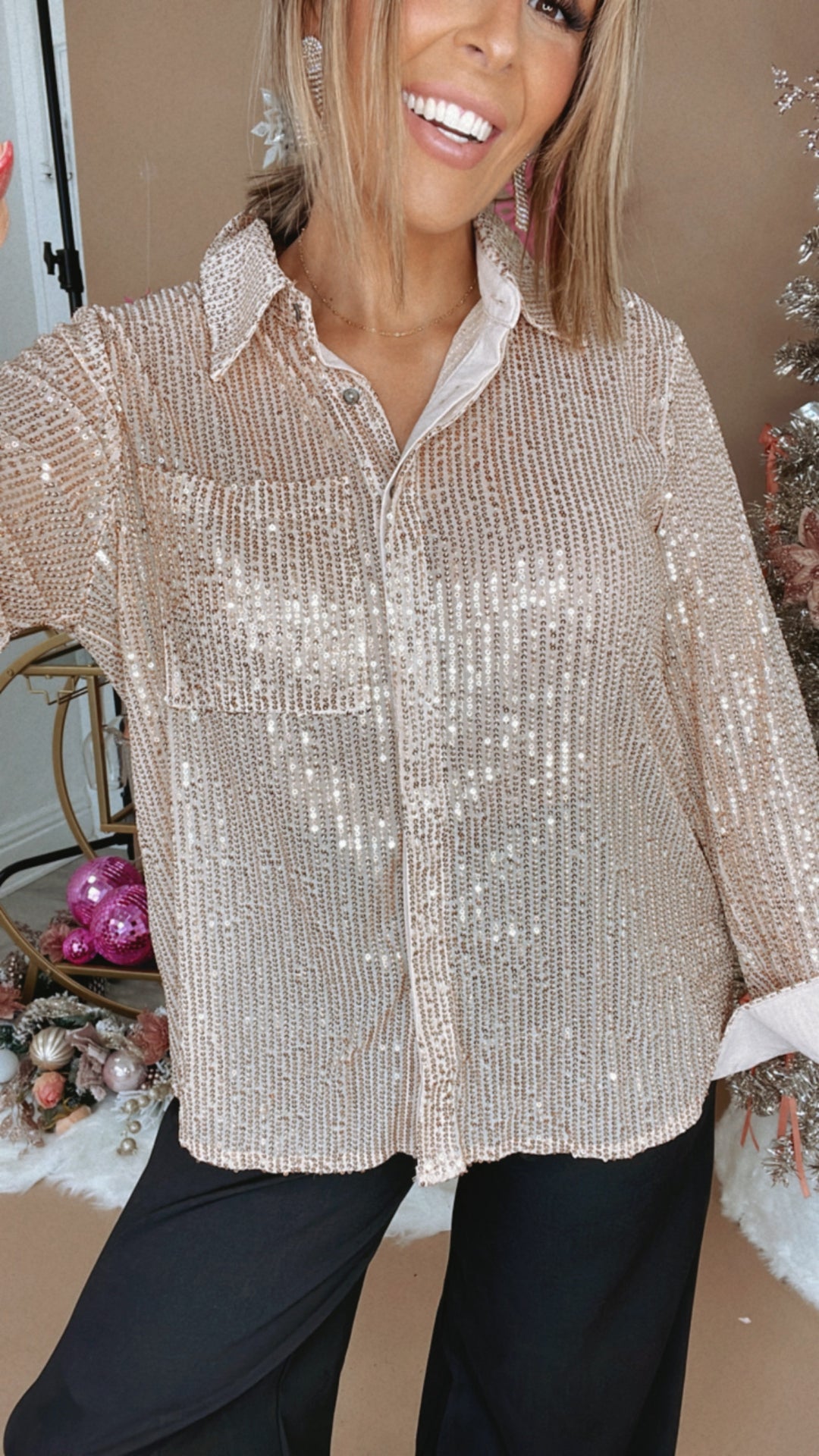 Give Me Sequin Button Up Blouse , Gold