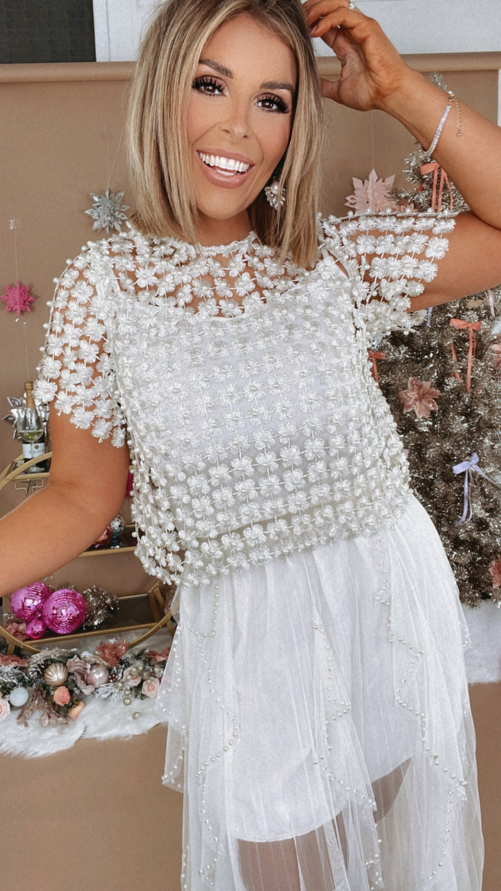 Here To Impress Lace Beaded Short Sleeve Top, Cream