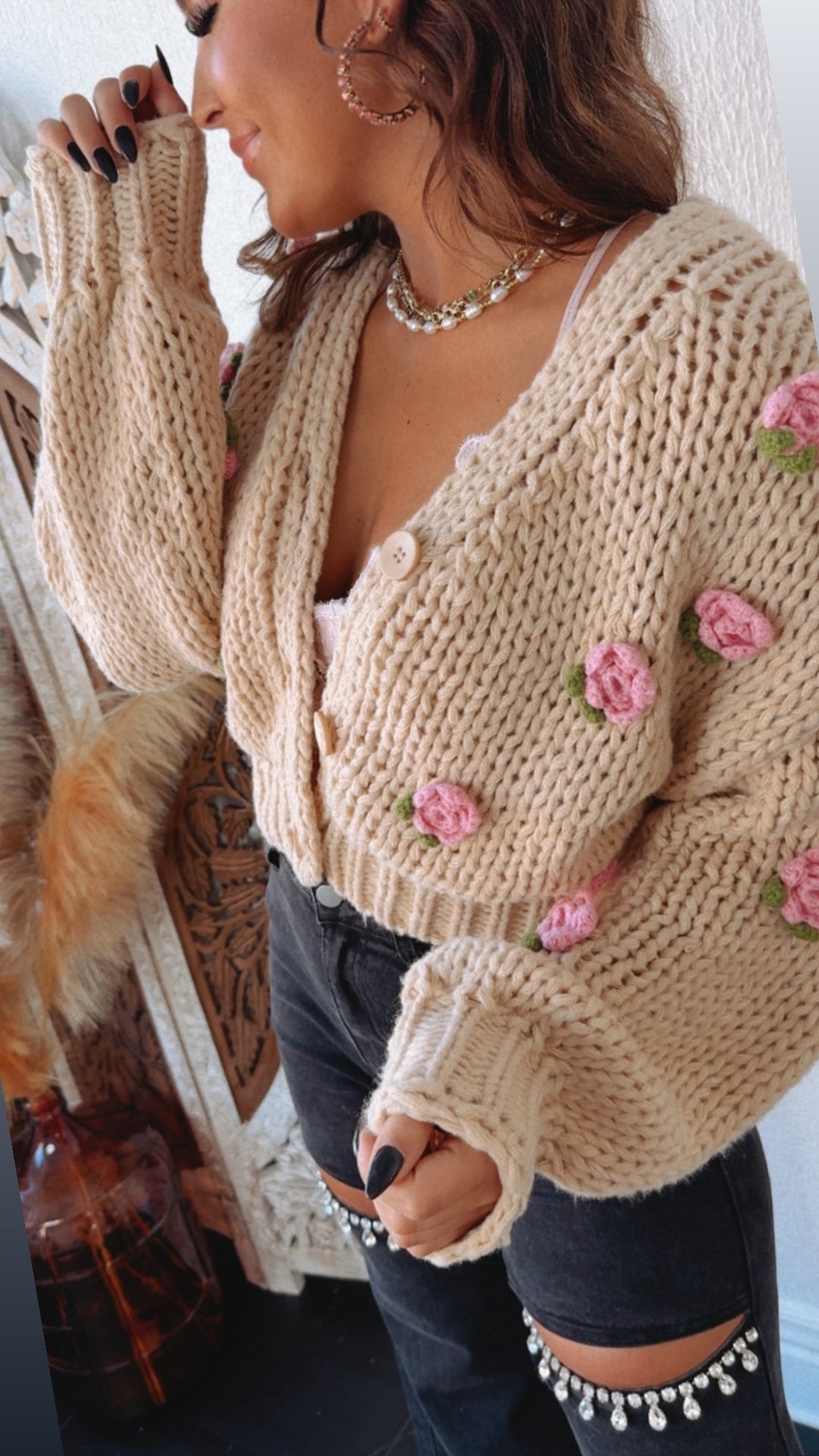 Garden Girl Rose Knit Cardi, Oatmeal