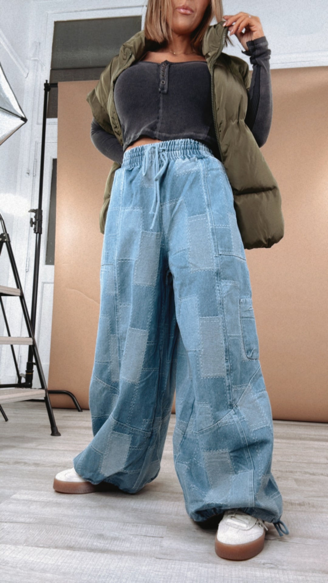 ECB Exclusive: Demi Denim Checkered Patchwork Jogger Pant