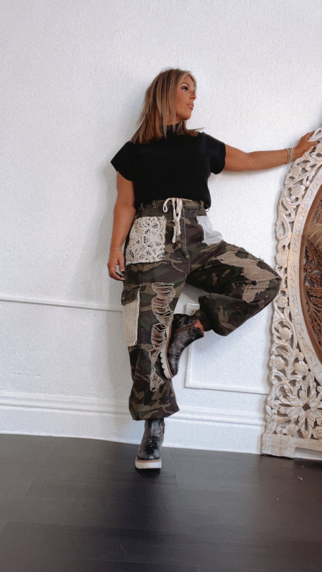 POL: Distressed Camo Joggers Patchwork Pockets