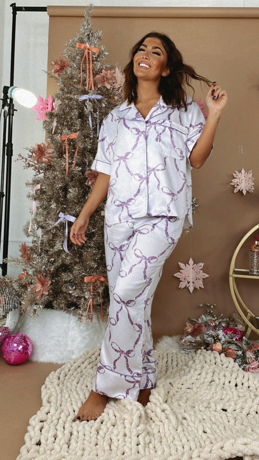 Bliss & Bows Satin Pajama Set, Purple