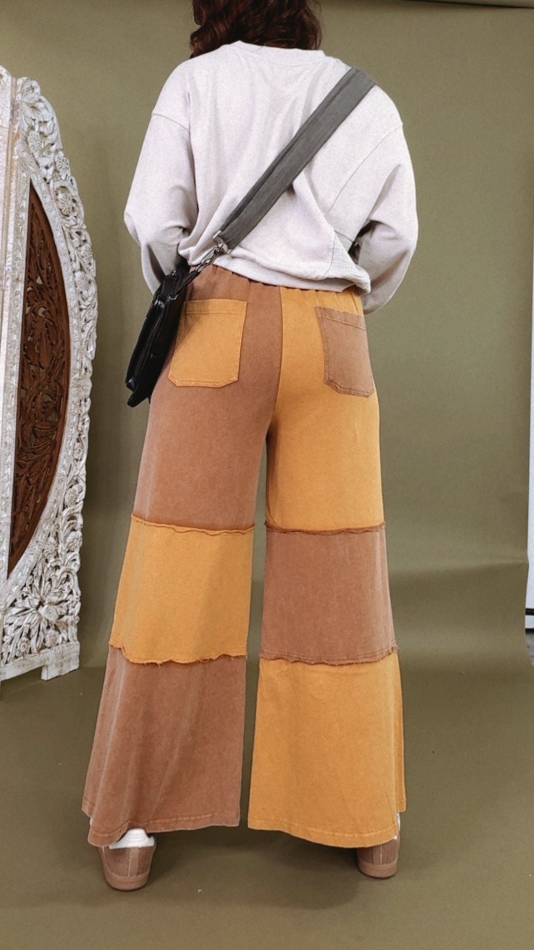 Elevated Casual Colorblock Wide Leg Pant, Mocha/Mustard