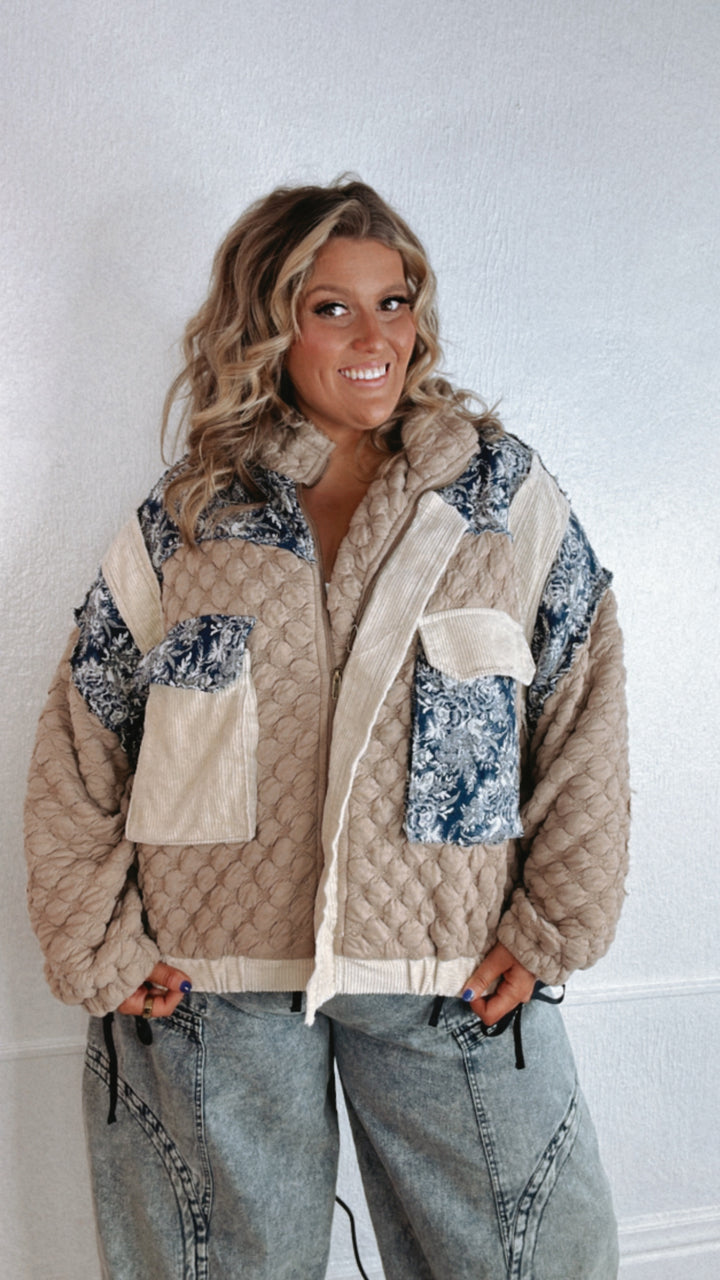 Now Trending Oversized Contrast Quilted Jacket, Tan/Denim Blue