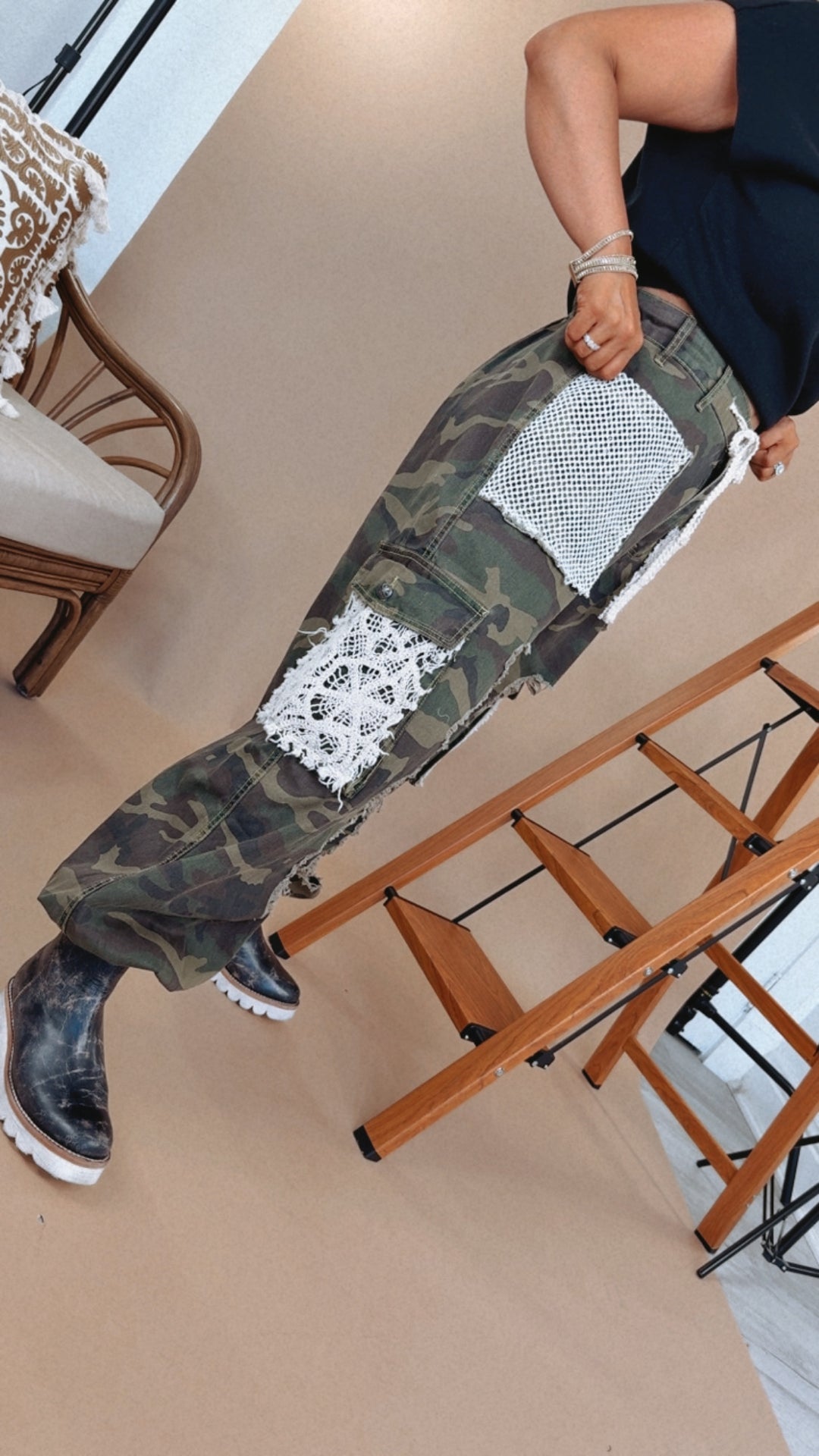 POL: Distressed Camo Joggers Patchwork Pockets