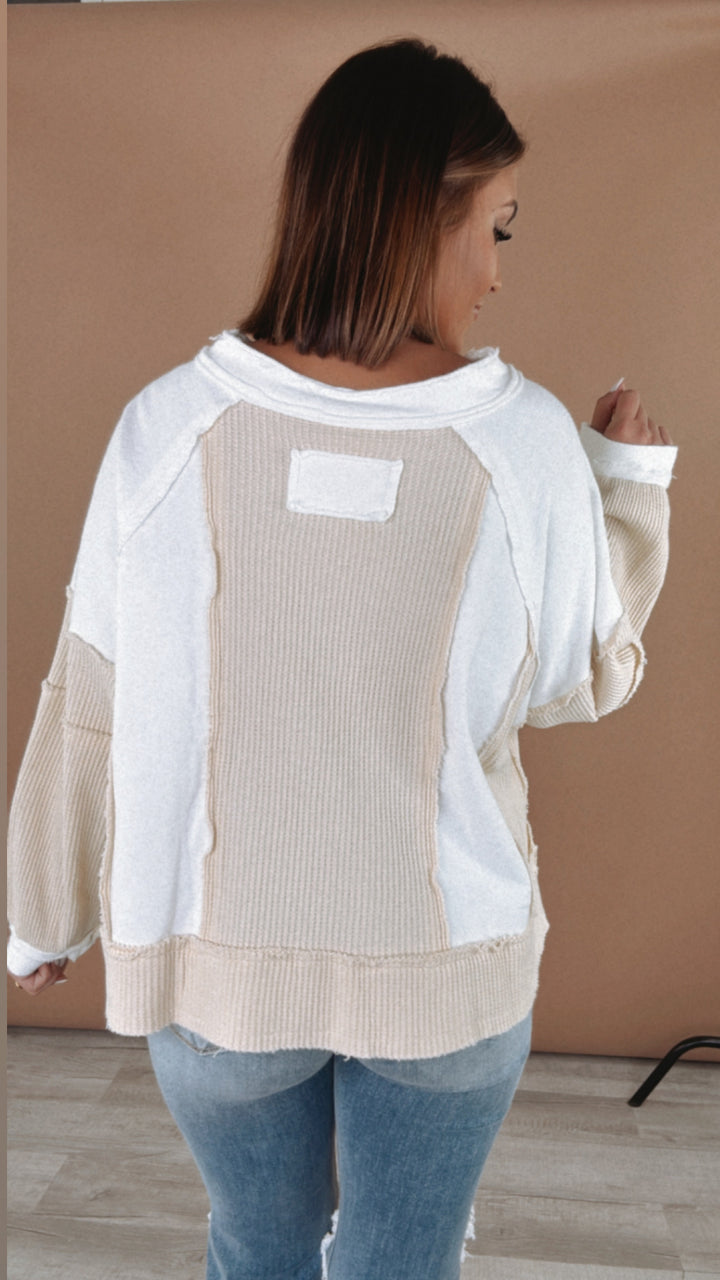 POL: All Day Distressed Waffle Knit Top, Ivory