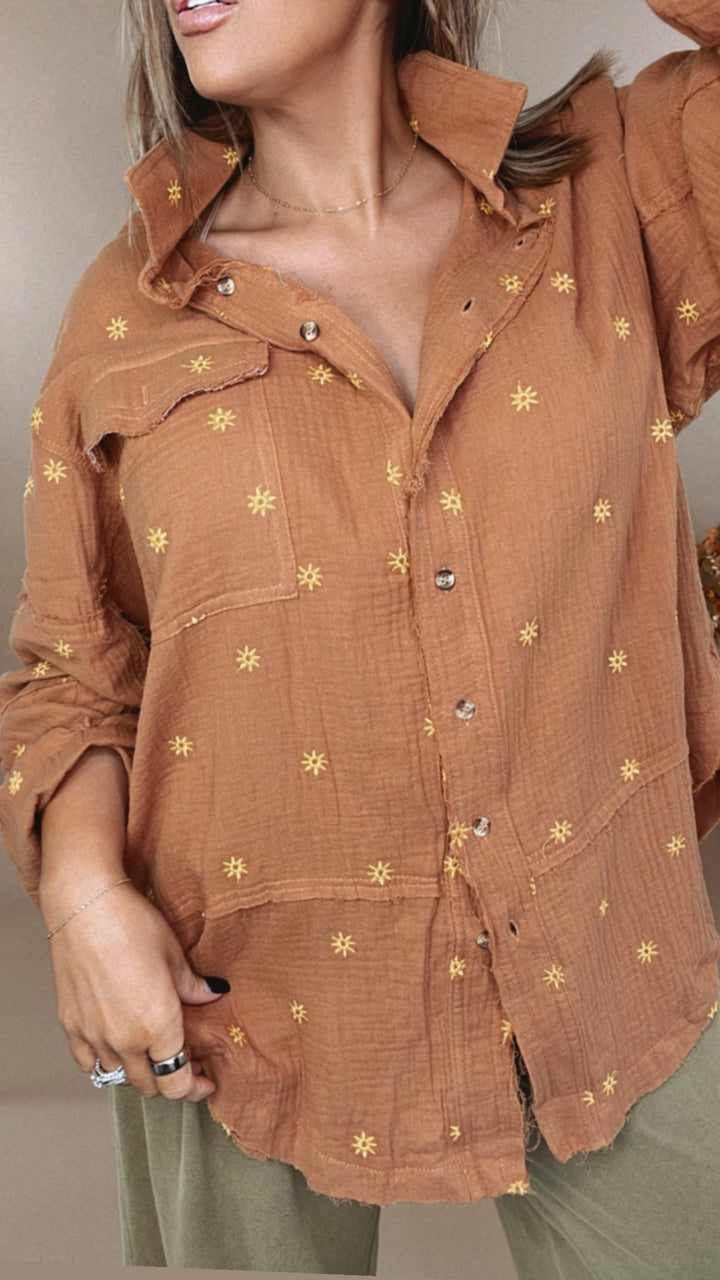 Sunny Days Embroidered Button Up, Camel