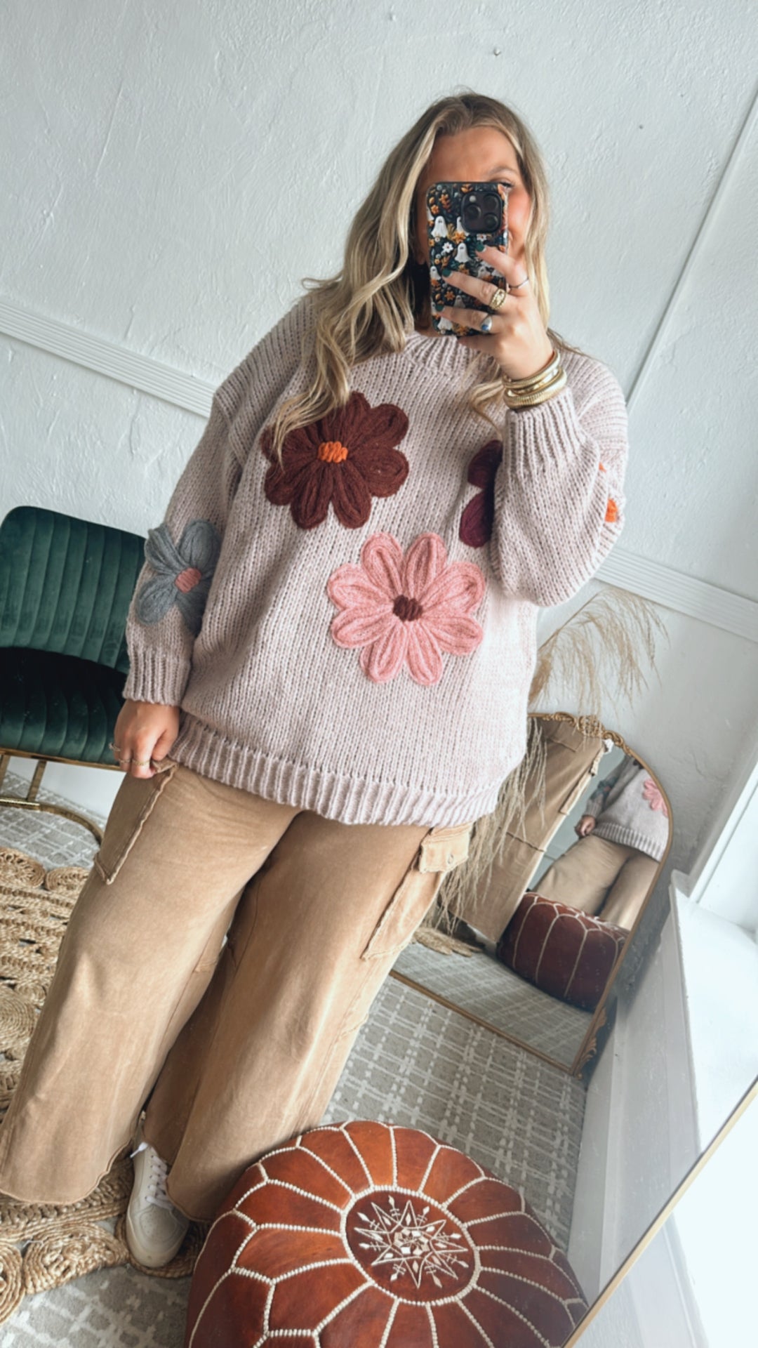 Floral Envy Knit Sweater, Tan